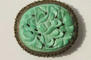 Antique Estate Chinese Carved Turquoise Floral Fur Clip Brooch Gilt Silver Pin
