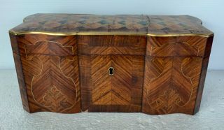 Antique French Jewelry Box Tulip Wood Brass Inlaid & Exotic Wood Inlaid