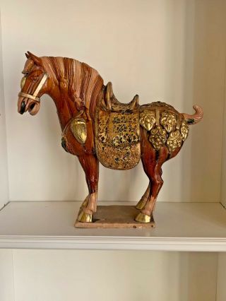 Chinese Tang Horse Tri - Color With Gold Overlay Pottery Vintage 18 " Tall
