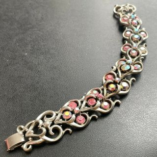 Signed Coro (pegasus) Vintage Pink Ab Crystal Rhinestone Silver Tn Bracelet 587