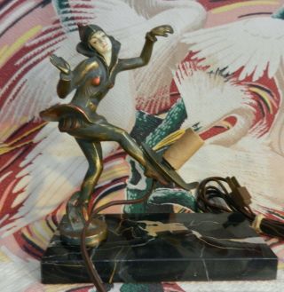 Art Deco Gerdago Bronze Sculpture Harlequin Pixie Lamp J B Hirsch Marble Base
