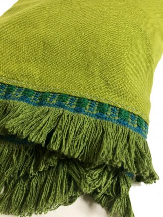 Vintage Mid Century Avocado Green Cotton Tablecloth Woven Trim Fringe 56 " X 82 "
