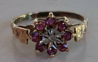 Old Vintage Diamond Ruby Sterling Silver Ring 9ct Gold Plated