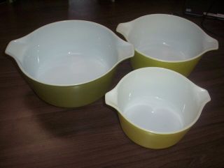 Vintage Pyrex Set Of 3 Mixing Bowls Casserole Dishes Ovenware 1,  2,  2 1/2 Quart