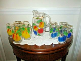 Vintage Glass Juice Pitcher And 11 Juice Glass Hand Painted Fruit Pattern Set