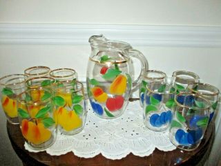 Vintage glass juice pitcher and 11 juice glass hand painted fruit pattern set 2