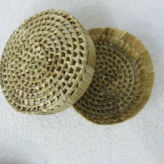 Vintage Hand Woven Round Circular Basket W/ Lid Natural Straw Open Coiled Weave