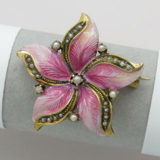 Antique Victorian 10k Gold Seed Pearl Pink Guilloche Enamel Flower Brooch Pin
