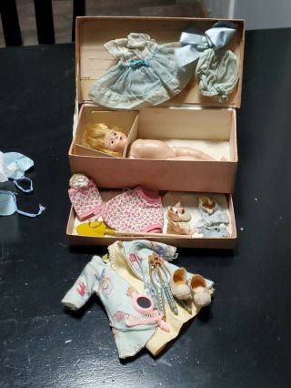 Vintage Vogue Doll Ginny ? Box With Drawer Dress,  Pajamas Play Suit Curlers More
