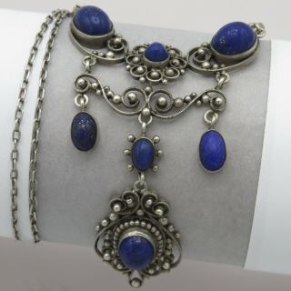 Vtg Antique Arts & Crafts Sterling Silver Lapis Lazuli Festoon Necklace
