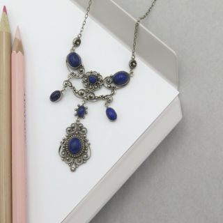 Vtg Antique Arts & Crafts Sterling Silver Lapis Lazuli Festoon Necklace 3