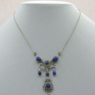 Vtg Antique Arts & Crafts Sterling Silver Lapis Lazuli Festoon Necklace 4