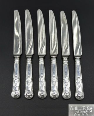 6 Vintage Arthur Price Silver Plated Kings Pattern Table Dinner Knives 9.  75 "