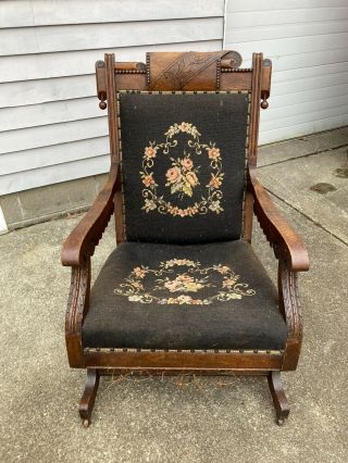Antique Eastlake Victorian Carved Oak Platform Rocker Chair Needlepoint Covered