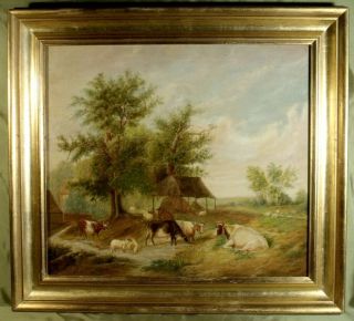 Antique C1890 Oil Painting Farmyard After Thomas Sidney Cooper Sheep Cows Farm