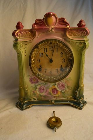 Antique Ansonia Royal Bonn La Seine Porcelain Mantle Clock Floral Green Pink