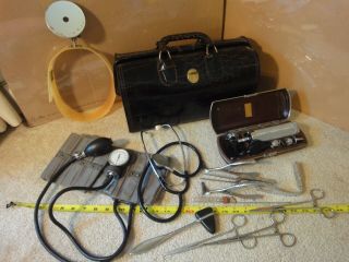 Vintage Homa Upjohn,  Leather Dr.  Bag W/ Medical Tools.  Storz,  Sklar,  V.  Mueller