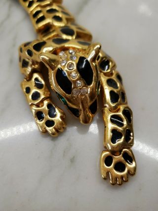 Vintage Articulated Gold Tone Black Enamel Rhinestone Leopard Panther Bracelet