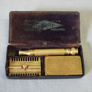 Vintage Gillette De Safety Razor Comb Ball End Gold W/ Case Metal Razor Box