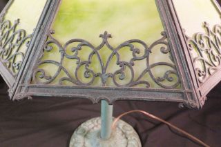 Antique Miller Art Nouveau GREEN Slag Glass Table Lamp 4
