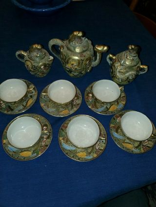 Vintage Antique Asian Japanese Satsuma Moriage Tea Set 6 Tea Cups/saucers As - Is