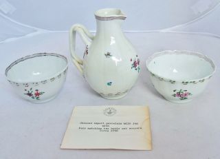 Antique 18th Century Chinese Export Pitcher & 2 Tea Cups Or Bowls W/ Shreve Card
