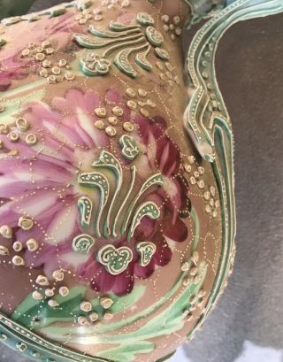 Antique Japanese Nippon Moriage Pink Mums Lace Beading Porcelain Pitcher Ewer 7” 2