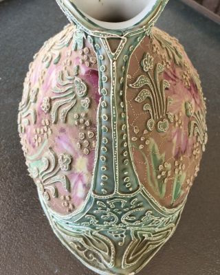 Antique Japanese Nippon Moriage Pink Mums Lace Beading Porcelain Pitcher Ewer 7” 6