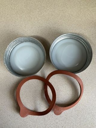 2 Vintage Ball Wide Mouth Zinc Canning Jar Lids Porcelain Insert 2 Rubber Seals