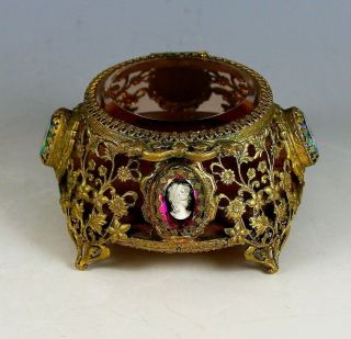 Vintage Brass Ormolu Jewelry Casket Box,  Beveled Glass Lid,  Cameos