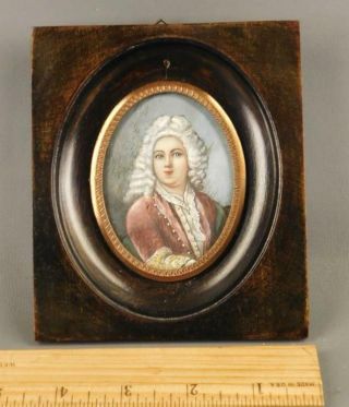 Antique French Hand Painted Miniature Portrait In Wood Frame