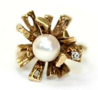 Unique Vintage 14k Yellow Gold,  Pearl,  Diamond Womens Ring: Size 3.  75,  5.  1 Grams