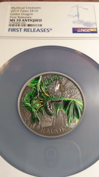 2019 Palau Green Dragon Antiqued 2oz Silver Coin Ngc Ms70 Fr (pop 7)
