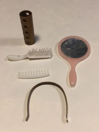 Vintage Mattel Barbie Pink Mirror,  White Comb And Brush Plus Curler