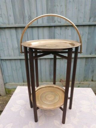 Antique Egyptian Brass & Wood Two Tier Folding Serving Stand Side Table