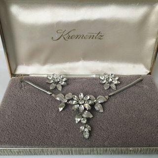 Vtg Krementz Signed Clear Marquis Rs Silver Tone Flower Leaf Necklace Ears Set