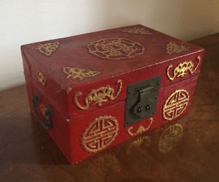 Antique Chinese Red Lacquer Box With Gilt Highlights Jewelry Letter Desk
