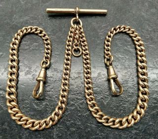 Antique 12ct Rolled Gold Graduated Curb Link Double Albert Pocket Watch Chain.