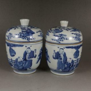 A Pair Chinese Antique Qing Dynasty Kangxi Blue&white Porcelain Figure Teapot