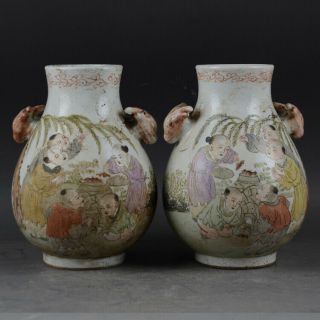 A Pair Estate Chinese Qing Famille Rose Porcelain Boy Vase