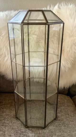 Vtg Large Tall Brass & Glass 3 Shelf Display Curio Cabinet Case W Door Table Top