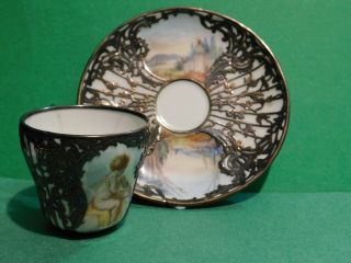 Antique Berlin / Kpm Porcelain Cabinet Cup & Saucer Overlay Silver Decoration