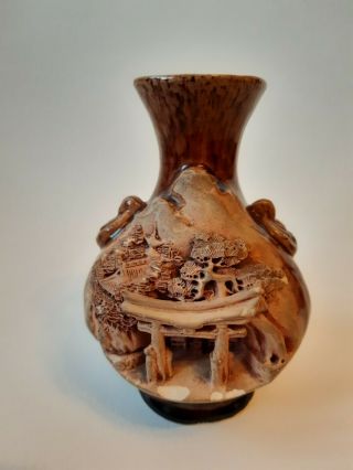 Vintage Japanese Banko Ware Vase Intricately Carved Ceramic Temple And Writing