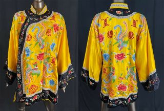 Antique Chinese Yellow Silk Colorful Embroidered Golden Pheasant Bird Robe Vtg