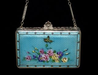Showpiece Antique Enamel Guilloche Hand Painted Butterfly & Roses Compact