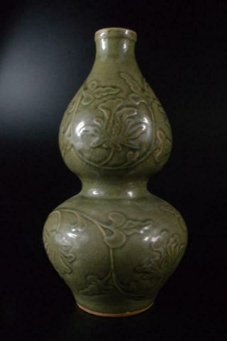 P2833: Chinese Celadon GOURD Water bottle Lucky Items - shaped FLOWER VASE Ikebana 4