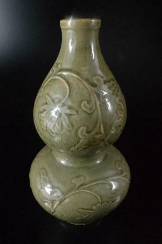 P2833: Chinese Celadon GOURD Water bottle Lucky Items - shaped FLOWER VASE Ikebana 5