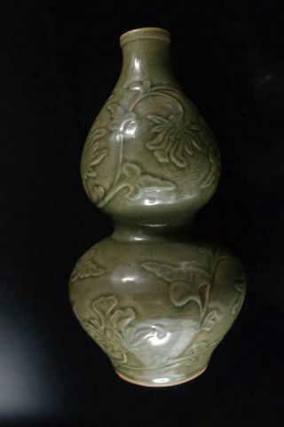 P2833: Chinese Celadon GOURD Water bottle Lucky Items - shaped FLOWER VASE Ikebana 6