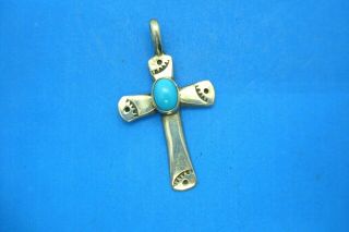 Vintage Old Pawn Native American Signed Sterling Silver Turquoise Cross Pendant