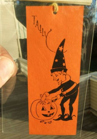 Vntg Art Deco Halloween Bridge Tally Card W/ Elf Carving A Jack - O - Lantern